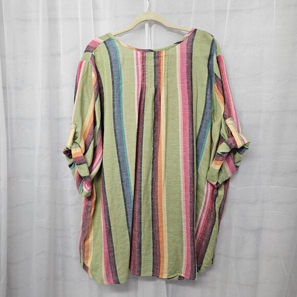 Roaman's Green Rainbow Striped Peasant Blouse Pintuck Festival 32W - Picture 6 of 10
